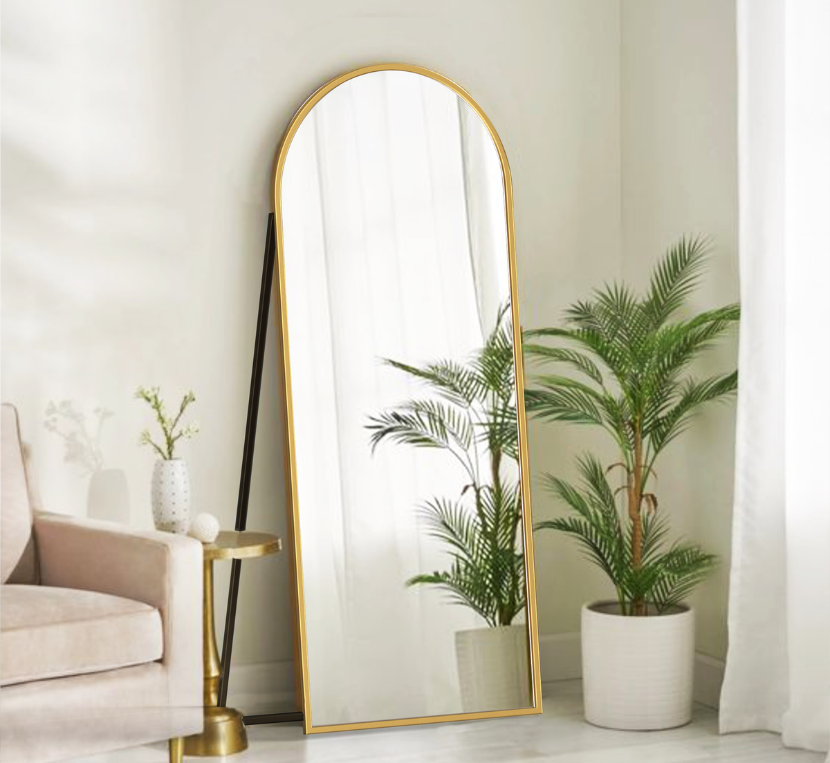 Arched Metal Floor Mirror with Stand