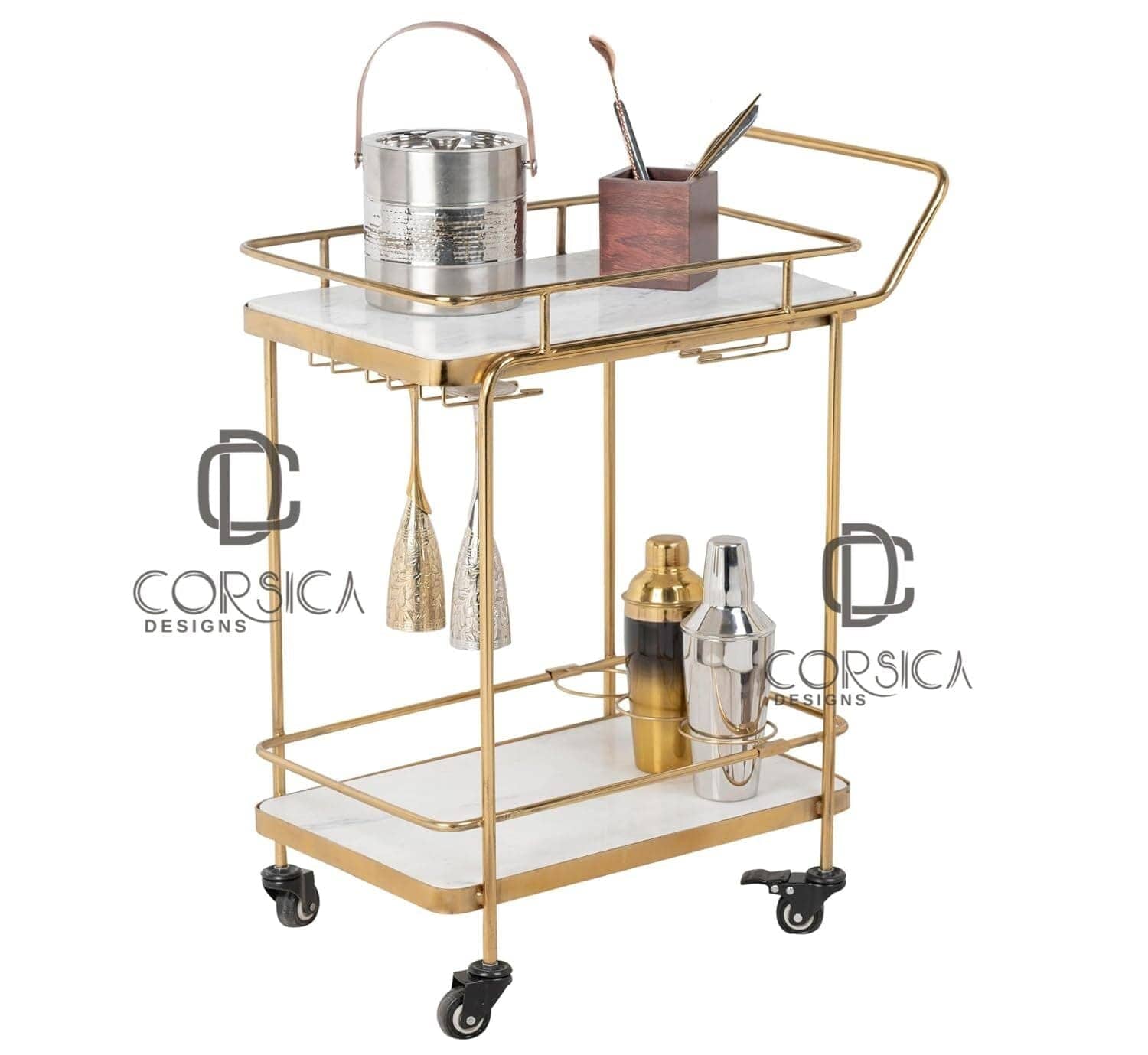 CORSICA DESIGNS Trolleys Panache 2-Tier White Marble Bar Trolley