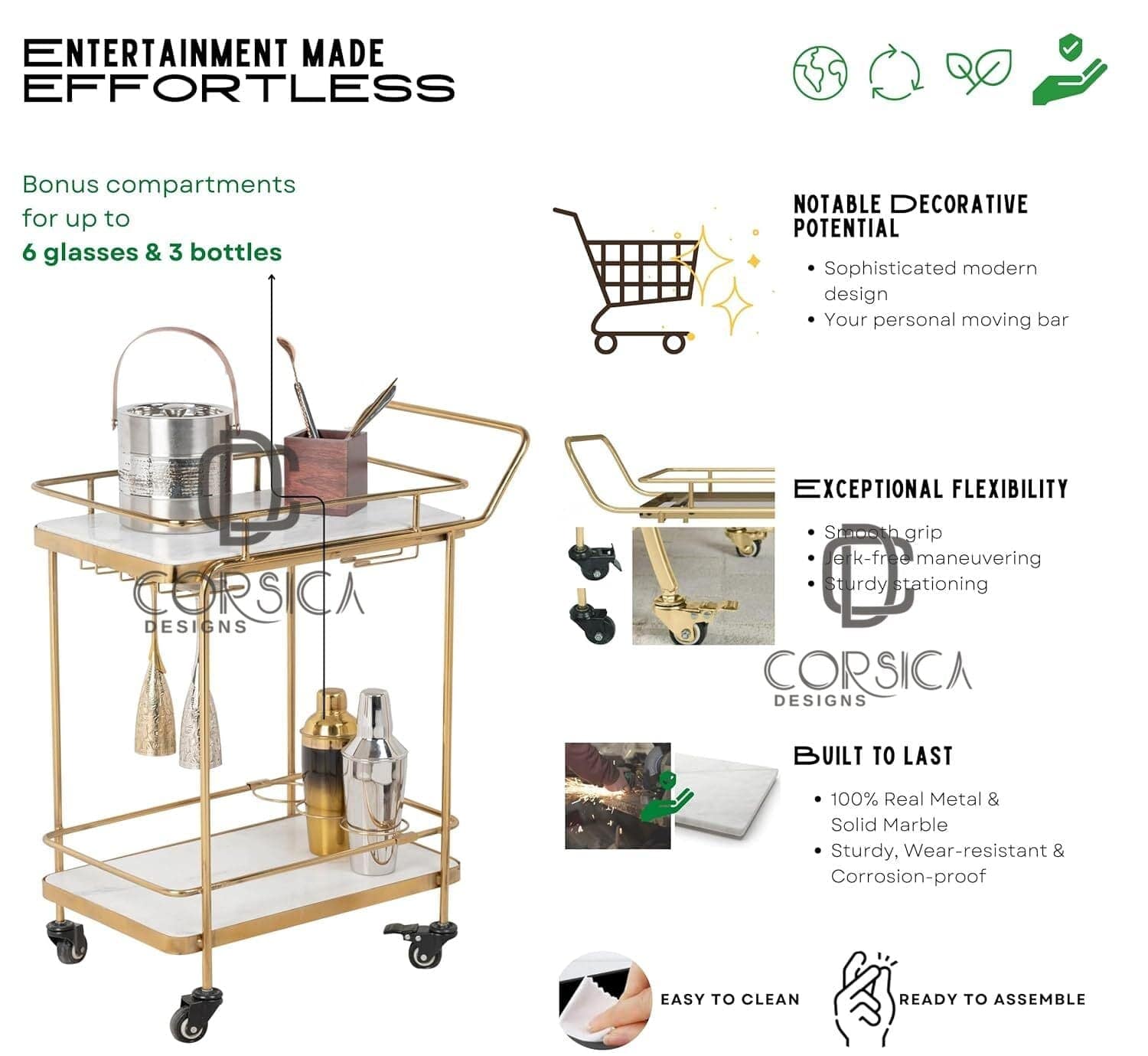 CORSICA DESIGNS Trolleys Panache 2-Tier White Marble Bar Trolley